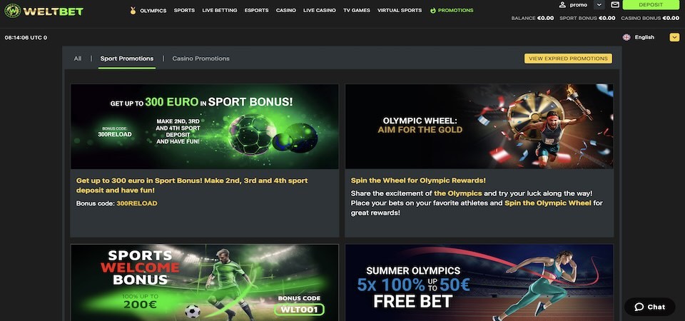 Screenshot of the Weltbet promotions page